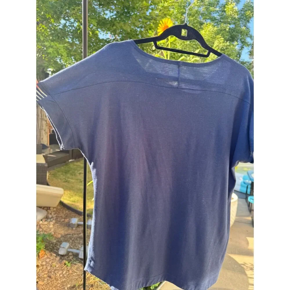 Athletic Embellished Cap Sleeve Dark Blue T-Shirt Sz L